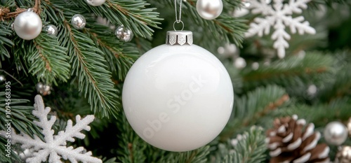 White ornament hanging from evergreen branches during winter holiday season photo