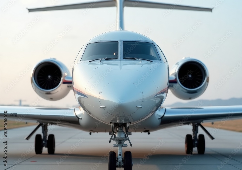 Business jet parked on the runway during early morning light ready for takeoff Business jet parked on the runway during early morning light ready for takeoff