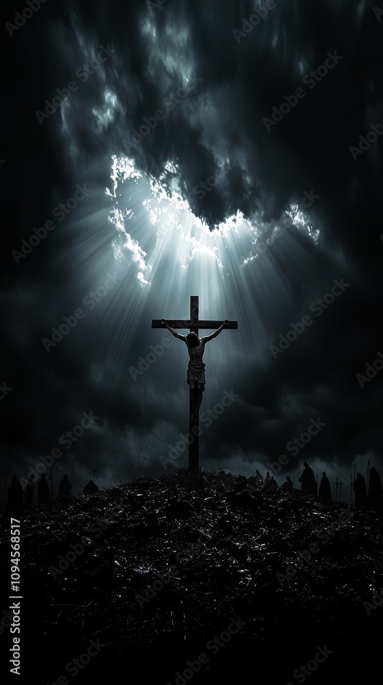 Naklejka premium Biblical depiction of the crucifixion of Jesus with a silhouetted cross, stormy skies, and rays of light breaking through