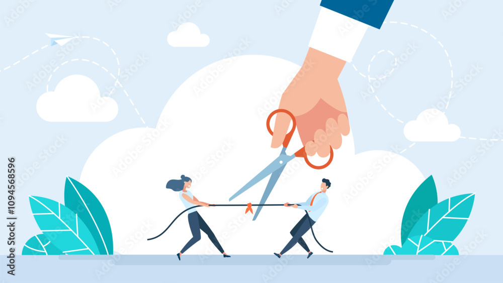 Use scissors to cut the ropes of man and woman tug of war. Divorce. Negotiation or stop fighting concept. Mediation as conflict compromise and solution management person concept. Vector illustration Use scissors to cut the ropes of man and woman tug of war. Divorce. Negotiation or stop fighting concept. Mediation as conflict compromise and solution management person concept. Vector illustration