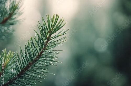 Winter wonderland with snowflakes falling on evergreen branches in a serene a...