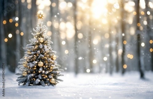 Beautifully decorated Christmas tree with golden ornaments and pinecones in a...