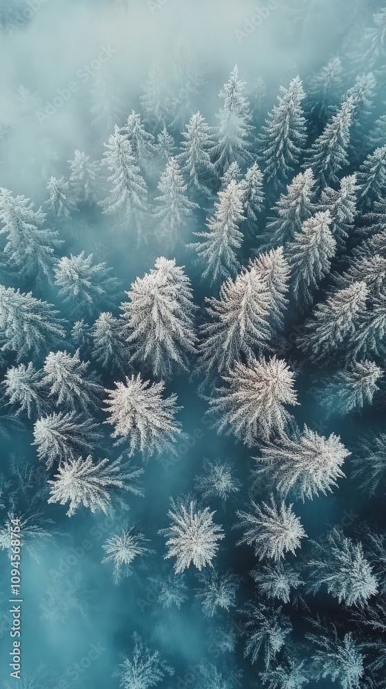 Obraz premium Winter landscape of a snow covered forest captured from above during a cloudy day