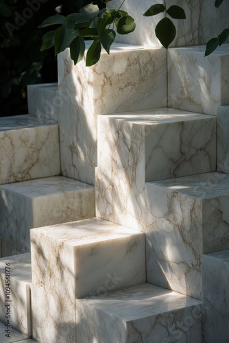 Natural light casting shadows on marble blocks in an outdoor setting with gre...