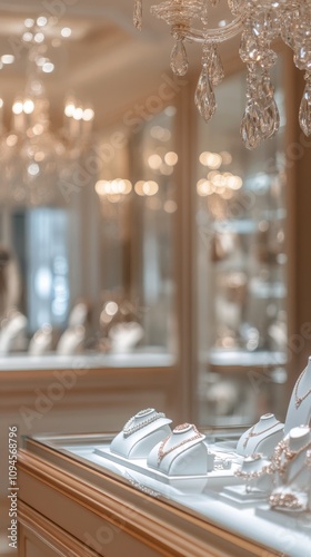 Elegant jewelry display in a luxurious boutique during afternoon hours
