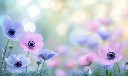 Beautiful anemone flowers bloom with soft colors in a dreamy setting during s...