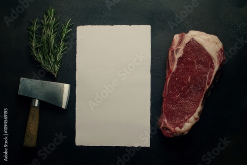 Fresh cut ribeye steak with kitchen tools and herbs ready for cooking