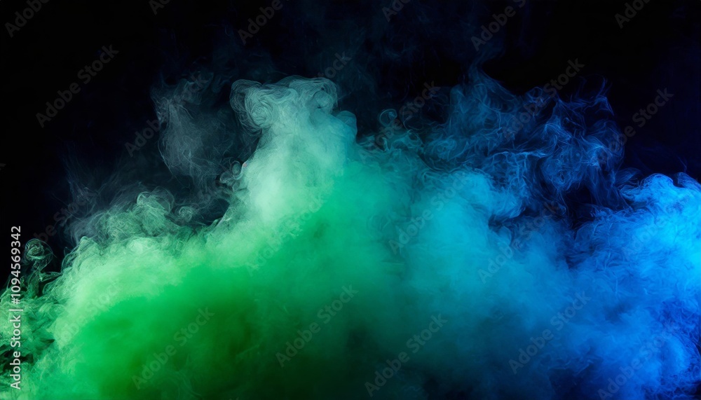 Abstract backdrop featuring a captivating cloud of green and blue smoke blending seamlessly on a black isolated background, evoking soft mystery and ethereal allure in a surreal and Abstract backdrop featuring a captivating cloud of green and blue smoke blending seamlessly on a black isolated background, evoking soft mystery and ethereal allure in a surreal and