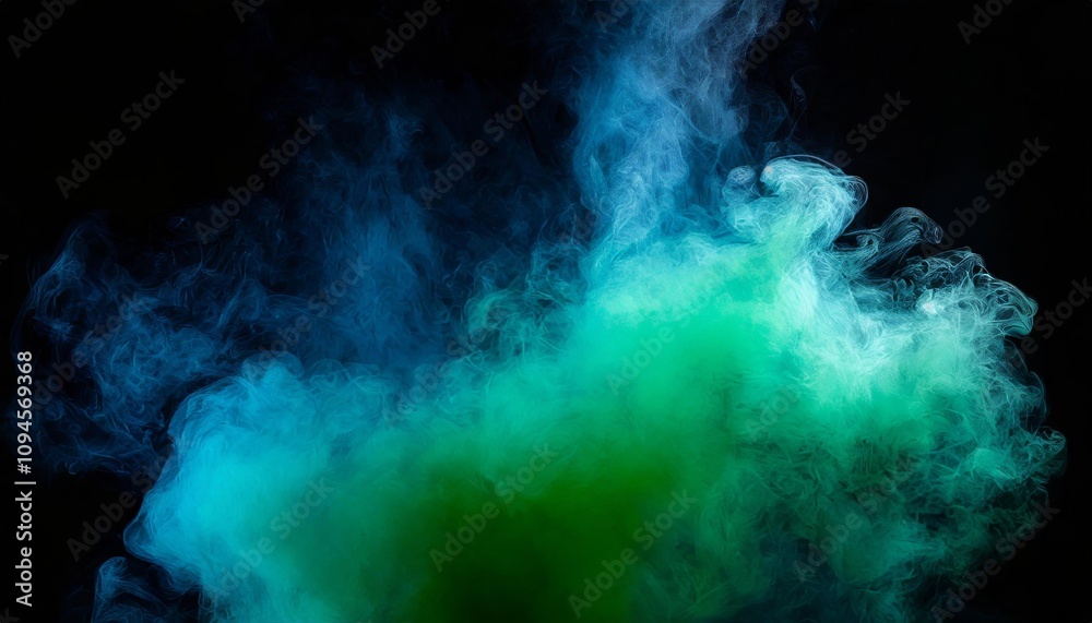 Ethereal Abstract Backdrop Featuring a Cloud of Vibrant Green and Blue Smoke on a Deep Black Background, Evoking a Sense of Mystery, Depth, and Soft Elegance for Creative Inspirations. Ethereal Abstract Backdrop Featuring a Cloud of Vibrant Green and Blue Smoke on a Deep Black Background, Evoking a Sense of Mystery, Depth, and Soft Elegance for Creative Inspirations.