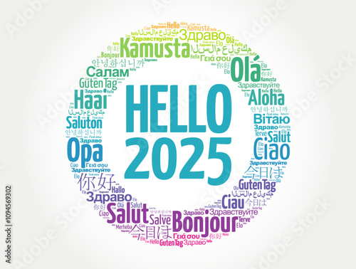 Hello 2025 word cloud in different languages of the world, concept background