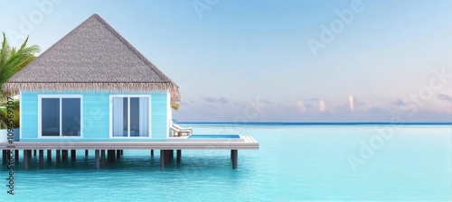 Luxurious overwater bungalows surrounded by crystal clear waters in a tropica...