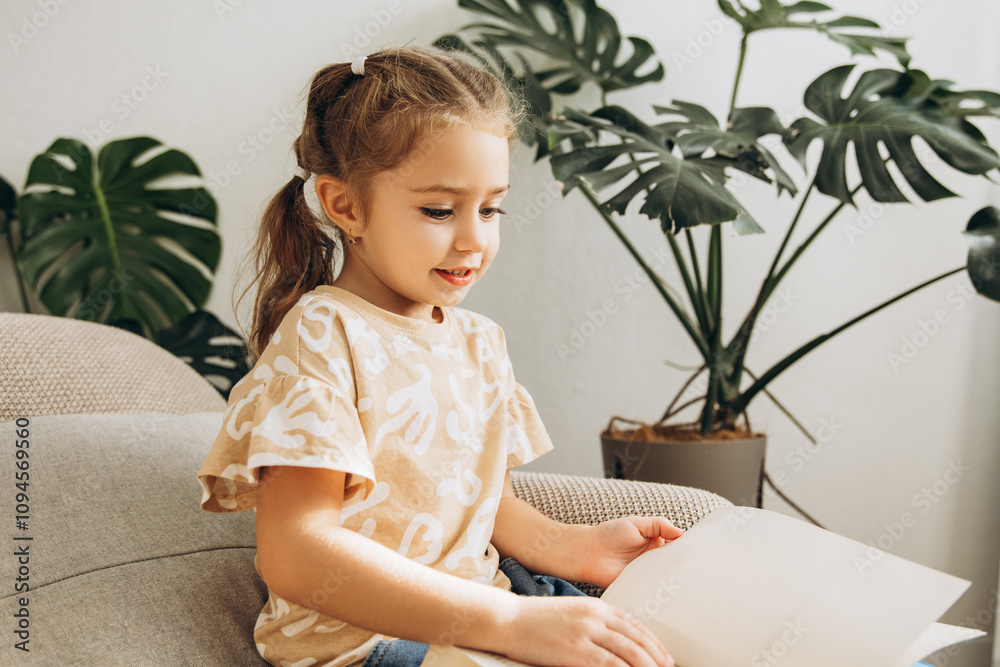 Portrait of positive beautiful little girl reading book learning sitting on comfortable sofa at home