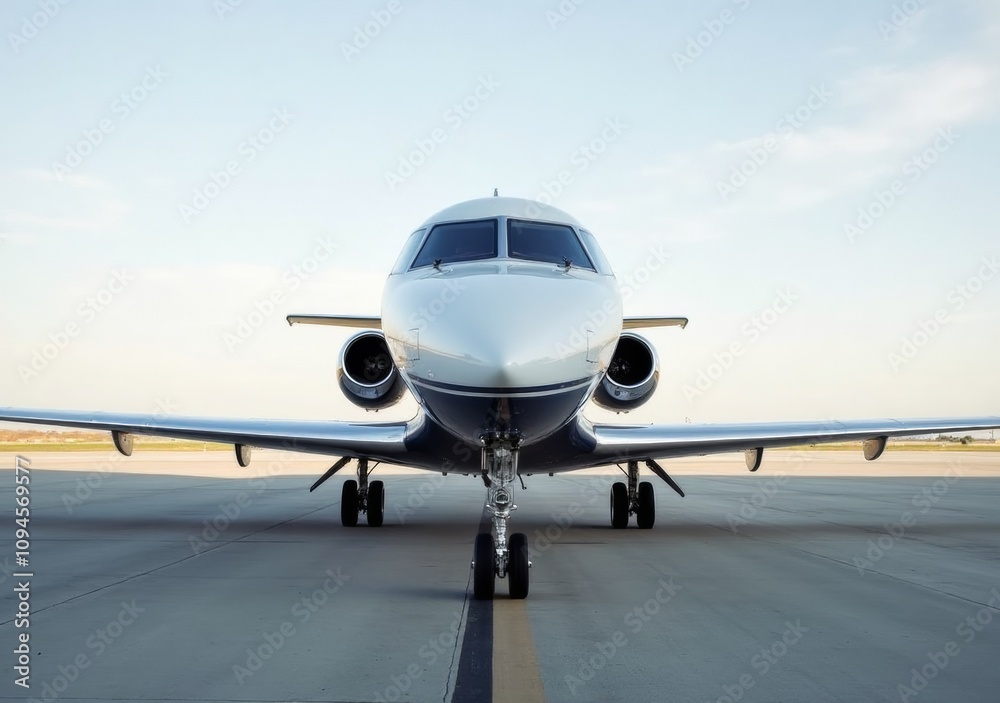 Modern private jet standing on runway at an airport during clear weather Modern private jet standing on runway at an airport during clear weather