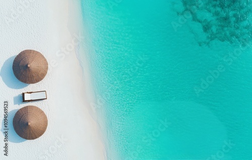 Relaxation at a tropical beach with straw umbrellas and calm turquoise waters