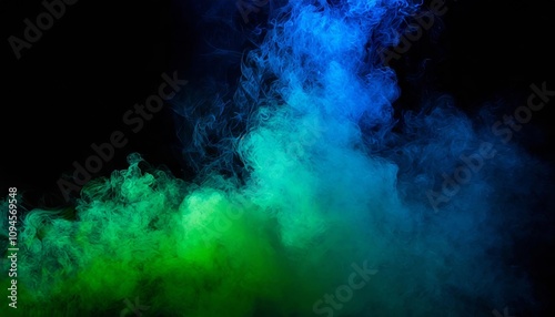 Enchanting Abstract Backdrop Featuring a Mesmerizing Cloud of Green and Blue Smoke Swirling on a Mysterious Black Background for Evocative and Atmospheric Artistic Creations