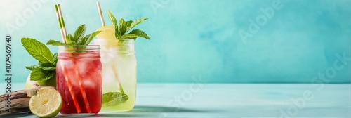 Refreshing summer drinks served in mason jars with fruit and mint on a turquo...