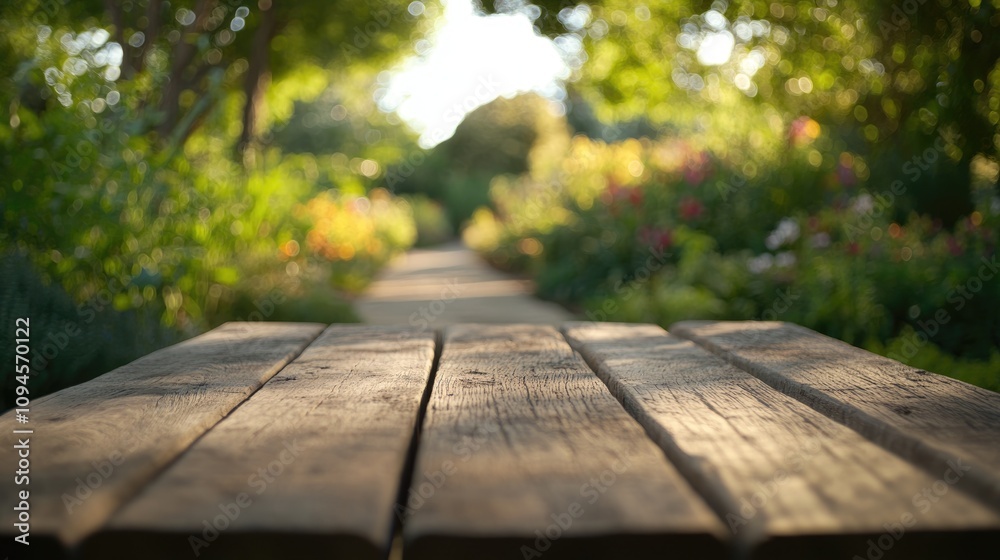 Wooden table in a soft-focused garden background, perfect for creative photo montages or product displays with ample space for visual arrangements. Wooden table in a soft-focused garden background, perfect for creative photo montages or product displays with ample space for visual arrangements.