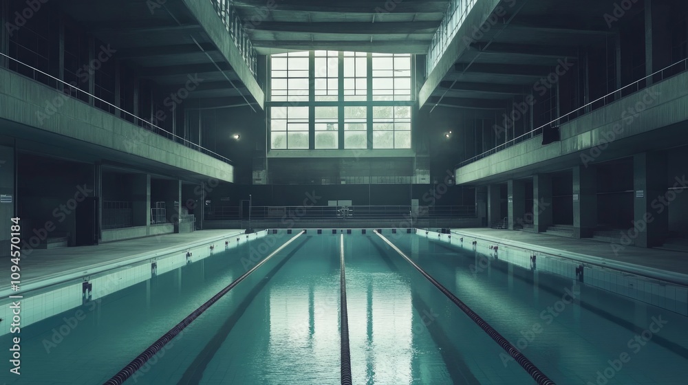 Abandoned indoor swimming pool arena with still water and large windows, showcasing a hauntingly quiet atmosphere and minimalist architecture. Abandoned indoor swimming pool arena with still water and large windows, showcasing a hauntingly quiet atmosphere and minimalist architecture.