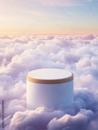 Cloud platform rising above a sea of fluffy clouds during a colorful sunset