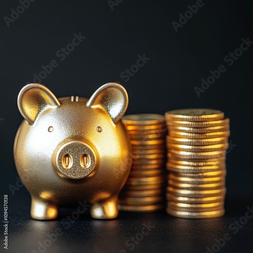Golden piggy bank surrounded by stacked coins on a dark background