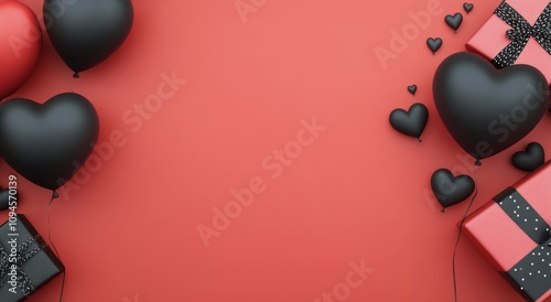 Festive decorations with black and red balloons, hearts, and gift boxes for a...