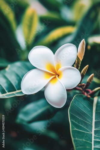 Beautiful white flower with yellow center surrounded by green foliage in a se...