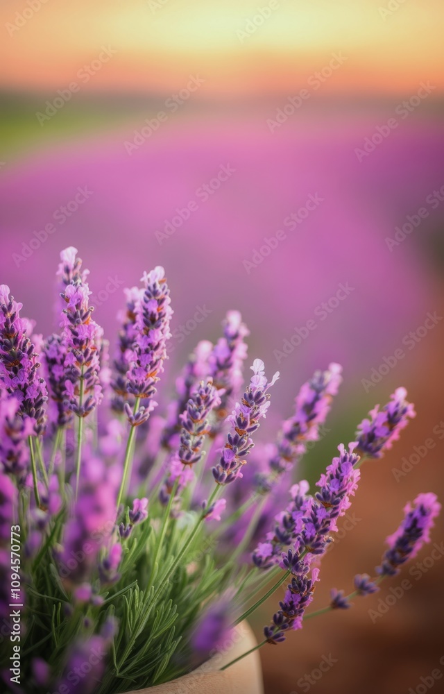 Obraz premium Lavender fields at sunset with a solitary figure under a tree in a serene landscape
