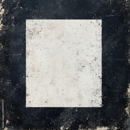 Abstract art composition emphasizing a textured black and white square on a w...
