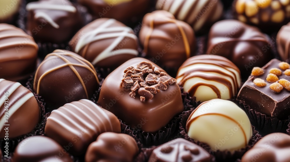 Vibrant close-up of assorted chocolate-covered candies featuring various textures and designs against a rich brown backdrop. Sweet indulgence display. Vibrant close-up of assorted chocolate-covered candies featuring various textures and designs against a rich brown backdrop. Sweet indulgence display.
