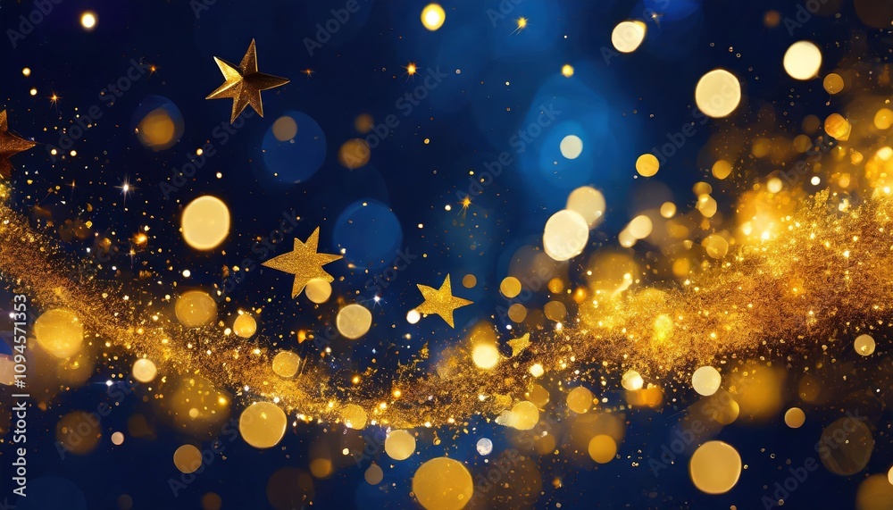 Elegant abstract background featuring gold star particles and sparkling effects on a navy blue backdrop, perfect for Christmas, New Year celebrations, and festive-themed designs. Elegant abstract background featuring gold star particles and sparkling effects on a navy blue backdrop, perfect for Christmas, New Year celebrations, and festive-themed designs.