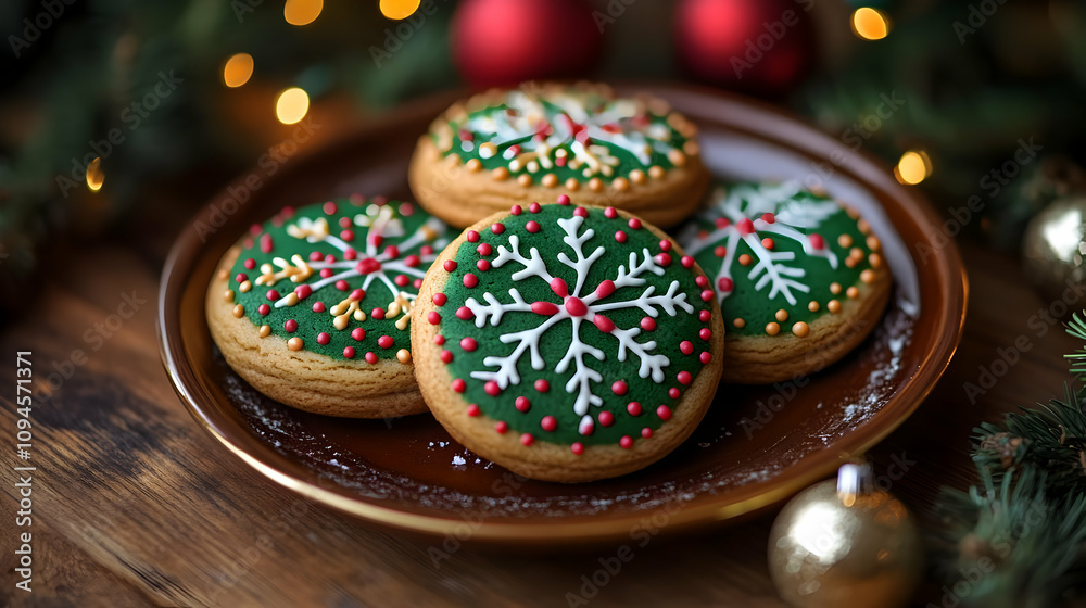 Snowflake Cookies on a Plate, Christmas Decoration Snowflake Cookies on a Plate, Christmas Decoration