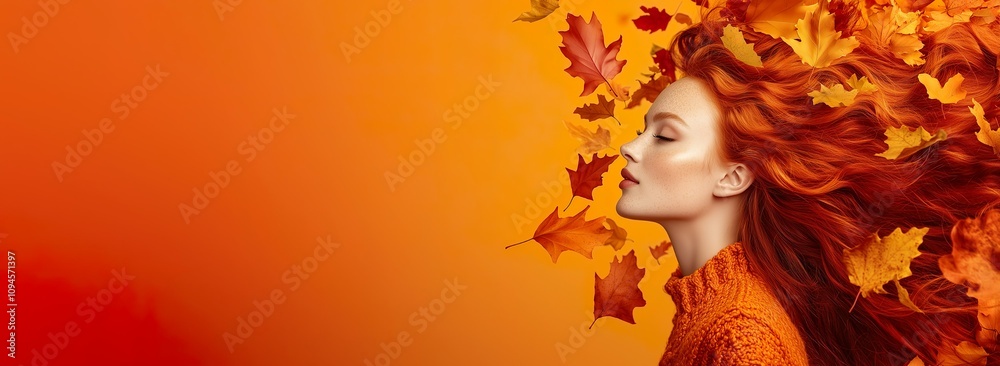 Side view of a redhead model with long flowing hair and orange autumn leaves in falling wind, isolated on orange background Side view of a redhead model with long flowing hair and orange autumn leaves in falling wind, isolated on orange background