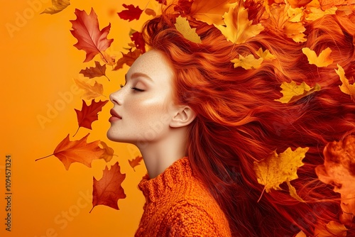 Side view of a redhead model with long flowing hair and orange autumn leaves in falling wind, isolated on orange background