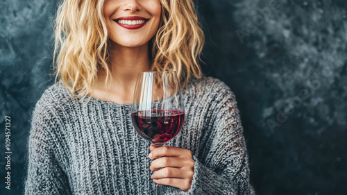 Smiling woman in cozy sweater holding glass of red wine