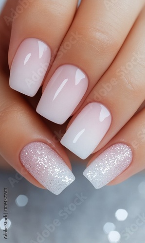 Elegant pink and silver nail design showcasing a gradient finish and sparkle