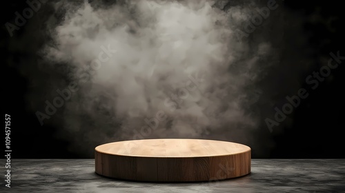 A round wooden platform sits on a dark gray surface against a backdrop of hazy, dark gray smoke.