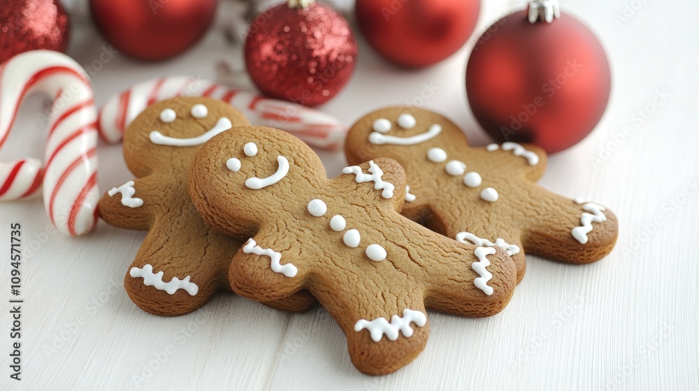 Gingerbread cookies shaped like smiling men next to candy canes and festive red ornaments on a white wooden surface, creating a cheerful holiday display. Gingerbread cookies shaped like smiling men next to candy canes and festive red ornaments on a white wooden surface, creating a cheerful holiday display.