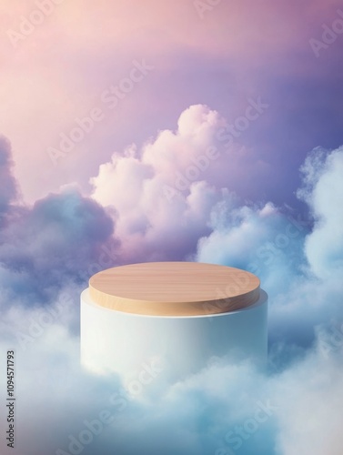 Cloud platform rising above a sea of fluffy clouds during a colorful sunset