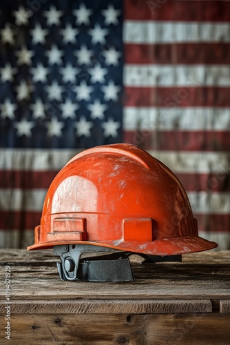 Hard hat placed on wooden surface with American flag as background in constru...