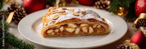 Festive apple strudel served on a plate surrounded by holiday decorations