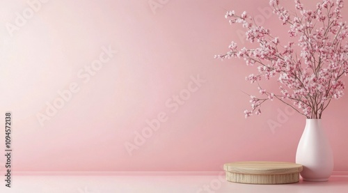 Fresh pink decor with a floral arrangement and wooden dishes on a light backg...