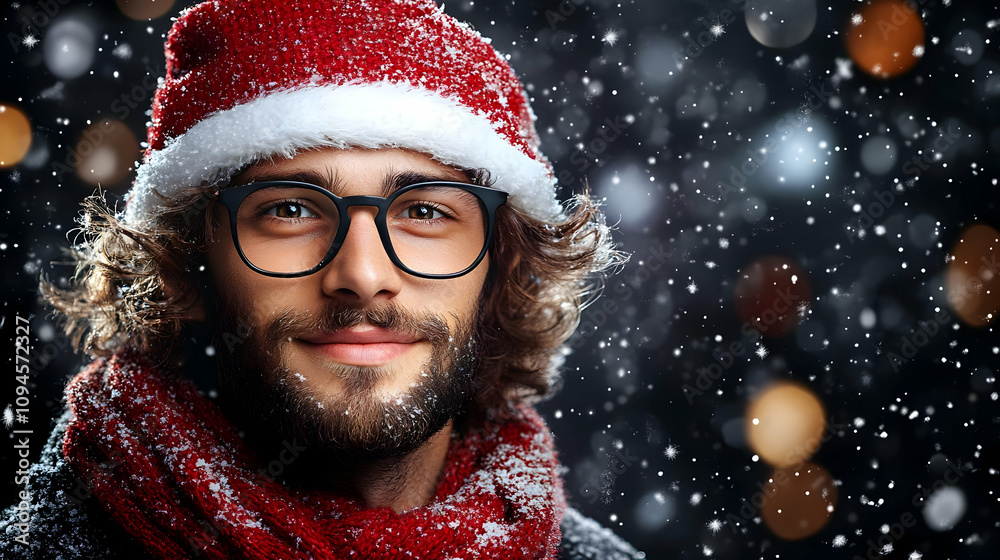 Smiling Man In Santa Hat And Glasses During Snowfall - Photo Smiling Man In Santa Hat And Glasses During Snowfall - Photo