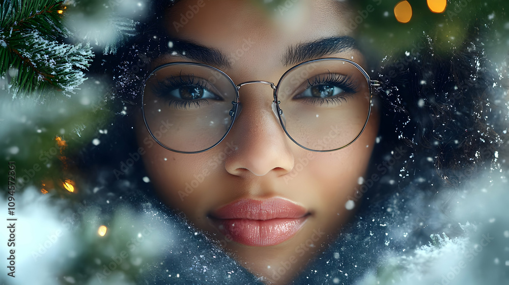 Winter Snowfall Portrait: Woman in Glasses Winter Snowfall Portrait: Woman in Glasses