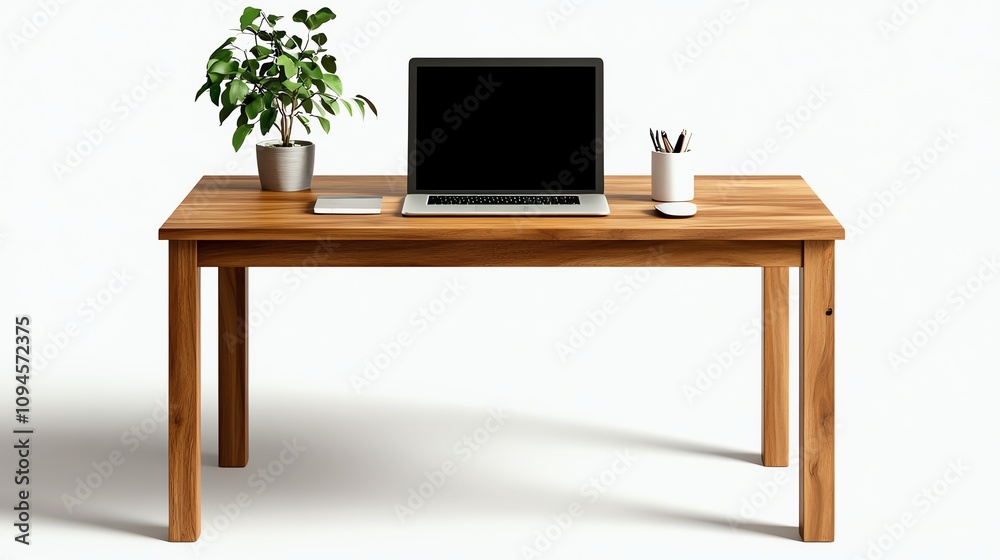 Wooden desk with a laptop, stationery, and a plant on a white isolated background. Wooden desk with a laptop, stationery, and a plant on a white isolated background.
