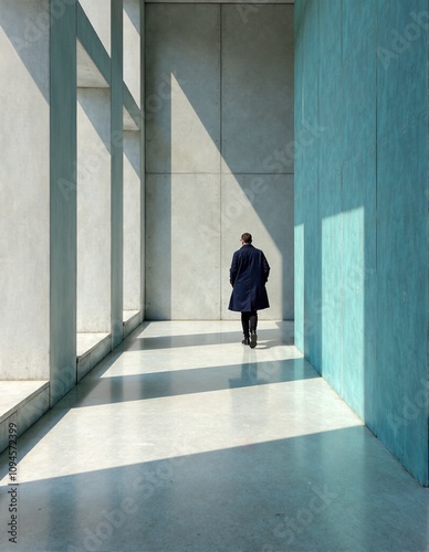 Minimalist architecture with lone figure in sunlit corridor