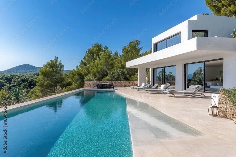 Fototapeta premium Modern villa with an infinity pool surrounded by greenery and mountains.