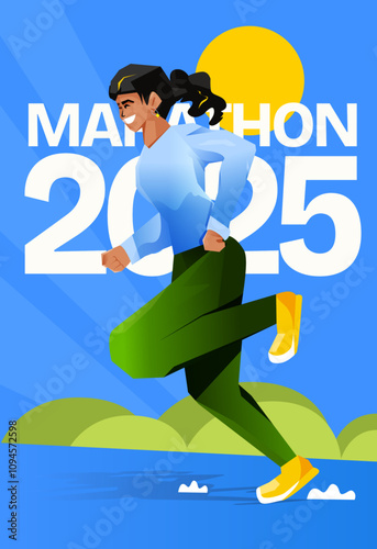 Joyful Marathon Runner 2025 - Modern Vector Illustration with Sunrise