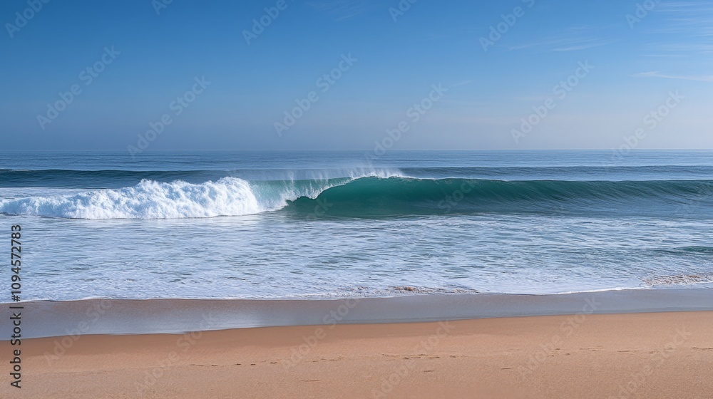 A Single Wave Breaking on a Sandy Beach Under a Blue Sky A Single Wave Breaking on a Sandy Beach Under a Blue Sky