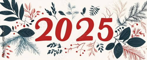 Festive botanical design celebrating the year 2025 with colorful foliage