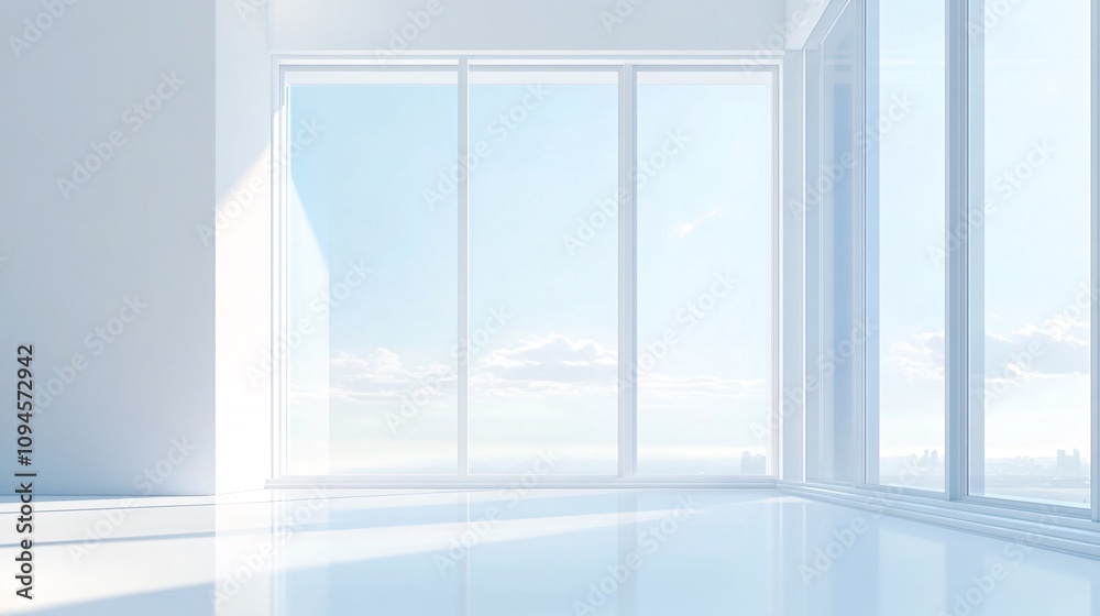 Modern empty room with large windows showing city skyline Modern empty room with large windows showing city skyline